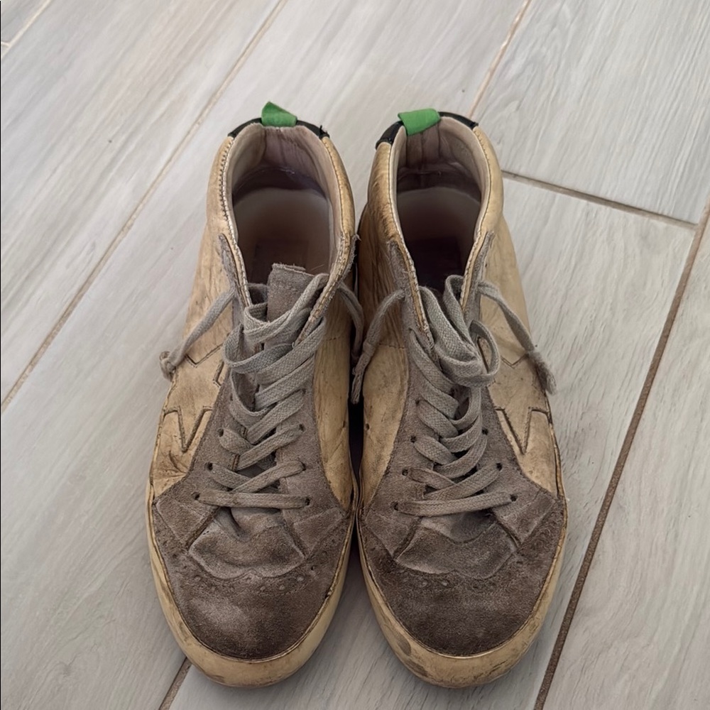 Golden Goose Tan and Gray High-Top Sneakers